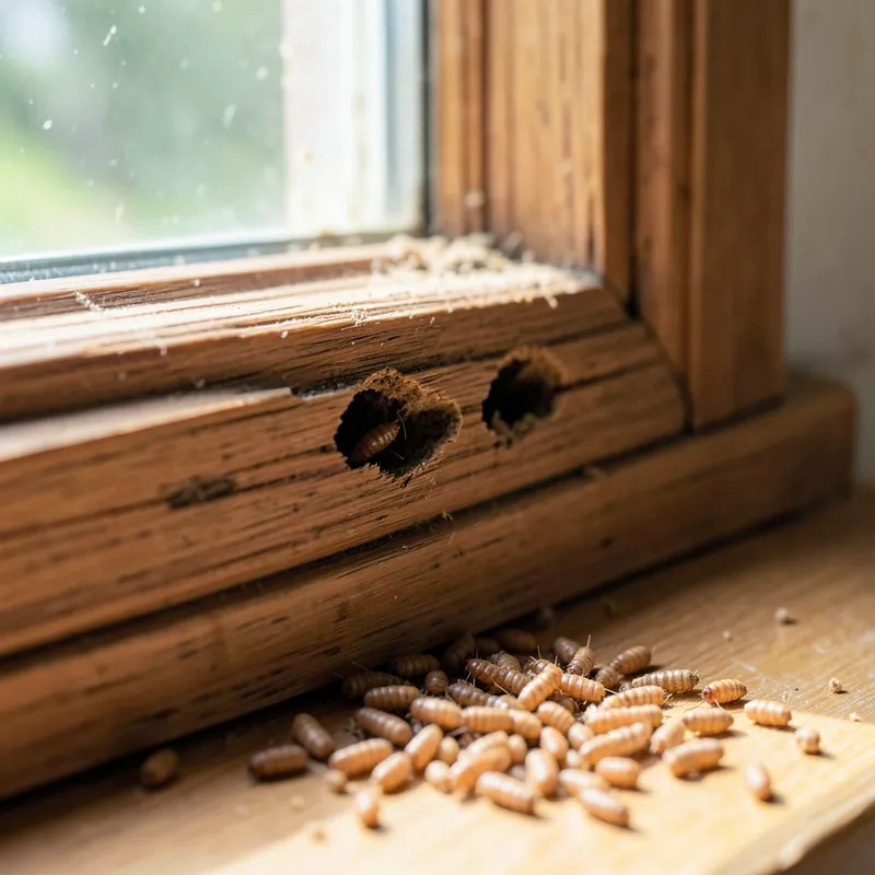 Drywood termite kick-out holes in wooden window trim with pellet-shaped frass in Fort Myers FL